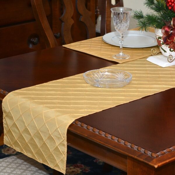 Sweet Pea Linens - Gold Pintucked 72 inch Table Runner (SKU#: R-1024-K2) - Table Setting