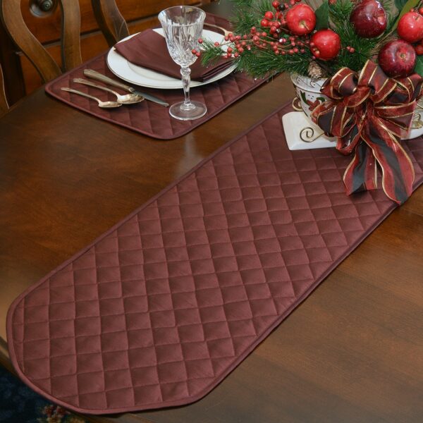 Sweet Pea Linens - Quilted Burgundy Silky Dupioni 72 inch Table Runner (SKU#: R-1024-K5) - Table Setting