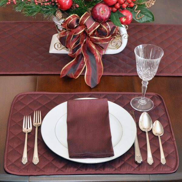 Sweet Pea Linens - Quilted Burgundy Silky Dupioni Rectangle Placemats - Set of Two (SKU#: RS2-1001-K5) - Alternate Table Setting