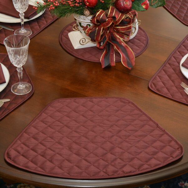 Sweet Pea Linens - Quilted Burgundy Silky Dupioni Wedge-Shaped Placemats - Set of Four plus Center Round-Charger (SKU#: RS5-1006-K5) - Table Setting