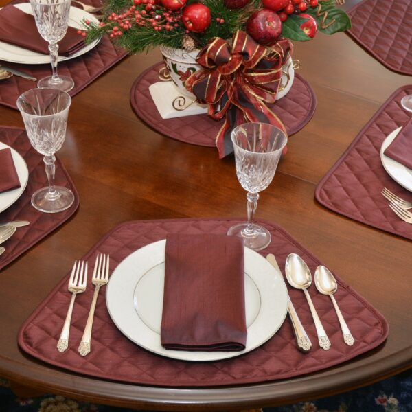 Sweet Pea Linens - Quilted Burgundy Silky Dupioni Wedge-Shaped Placemats - Set of Four plus Center Round-Charger (SKU#: RS5-1006-K5) - Alternate Table Setting