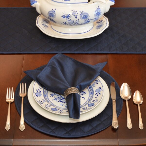 Sweet Pea Linens - Navy Blue Silky Dupioni   Rolled Hem Cloth Napkin (SKU#: R-1010-K6) - Alternate Table Setting