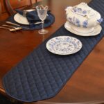 Sweet Pea Linens - Quilted Navy Blue Silky Dupioni 72 inch Table Runner (SKU#: R-1024-K6) - Table Setting