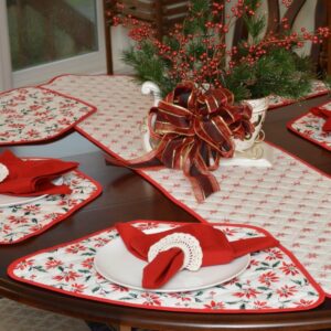 Sweet Pea Linens - Poinsettia & Snowflake Holiday Print 60 inch Table Runner (SKU#: R-1021-K8) - Table Setting