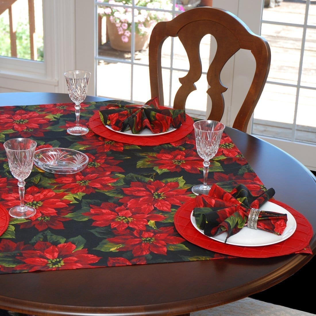 Sweet Pea Linens - Red Poinsettia on Black Holiday Print 42 inch Square Table Cloth (SKU#: R-1008-L93) - Table Setting