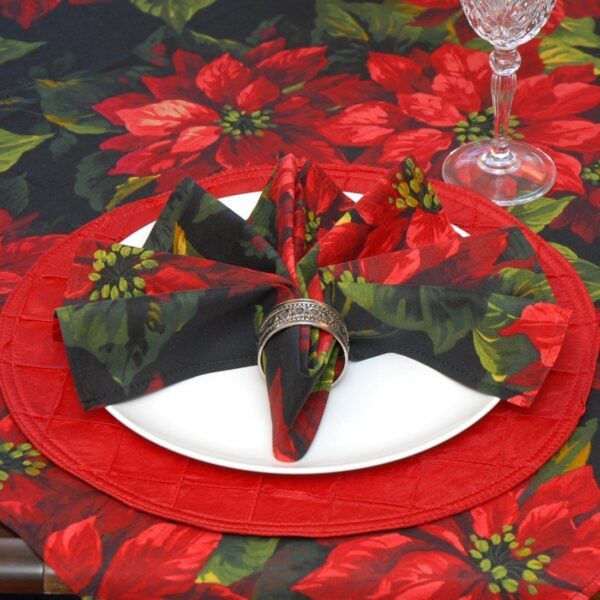 Sweet Pea Linens - Red Poinsettia on Black Holiday Print Cloth Napkin (SKU#: R-1010-L93) - Table Setting