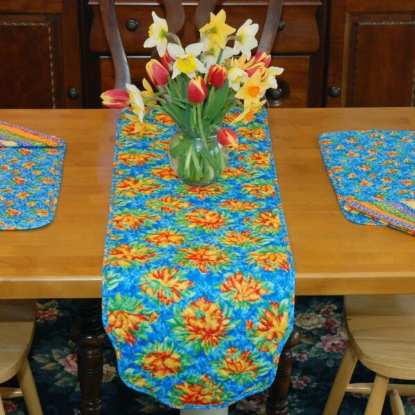 Sweet Pea Linens - Yellow-Blue Tropical Print Floral Print 54 inch Table Runner (SKU#: R-1020-M6) - Table Setting