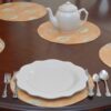 Sweet Pea Linens - Gold with Leaves Wipe Clean Charger-Center Round Placemat (SKU#: R-1015-N4) - Table Setting