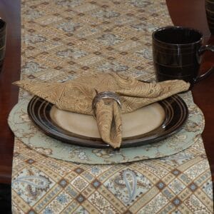 Sweet Pea Linens - Soft Green Jacobean Floral Print Charger-Center Round Placemat (SKU#: R-1015-P3) - Table Setting