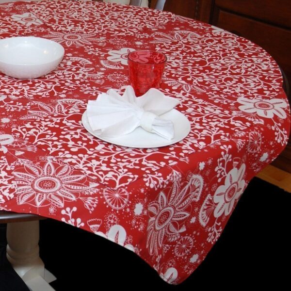 Sweet Pea Linens - Red Floral & Vine Print 54 inch Square Table Cloth (SKU#: R-1008-P5) - Table Setting
