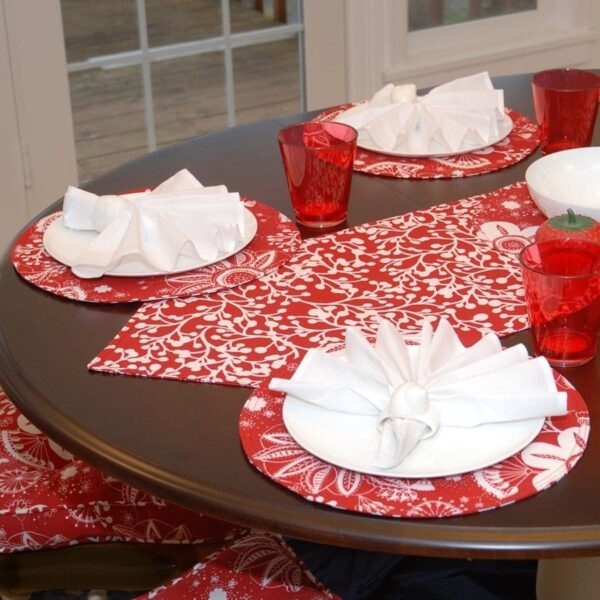 Sweet Pea Linens - Red Floral & Vine Print 54 inch Table Runner (SKU#: R-1020-P5) - Table Setting