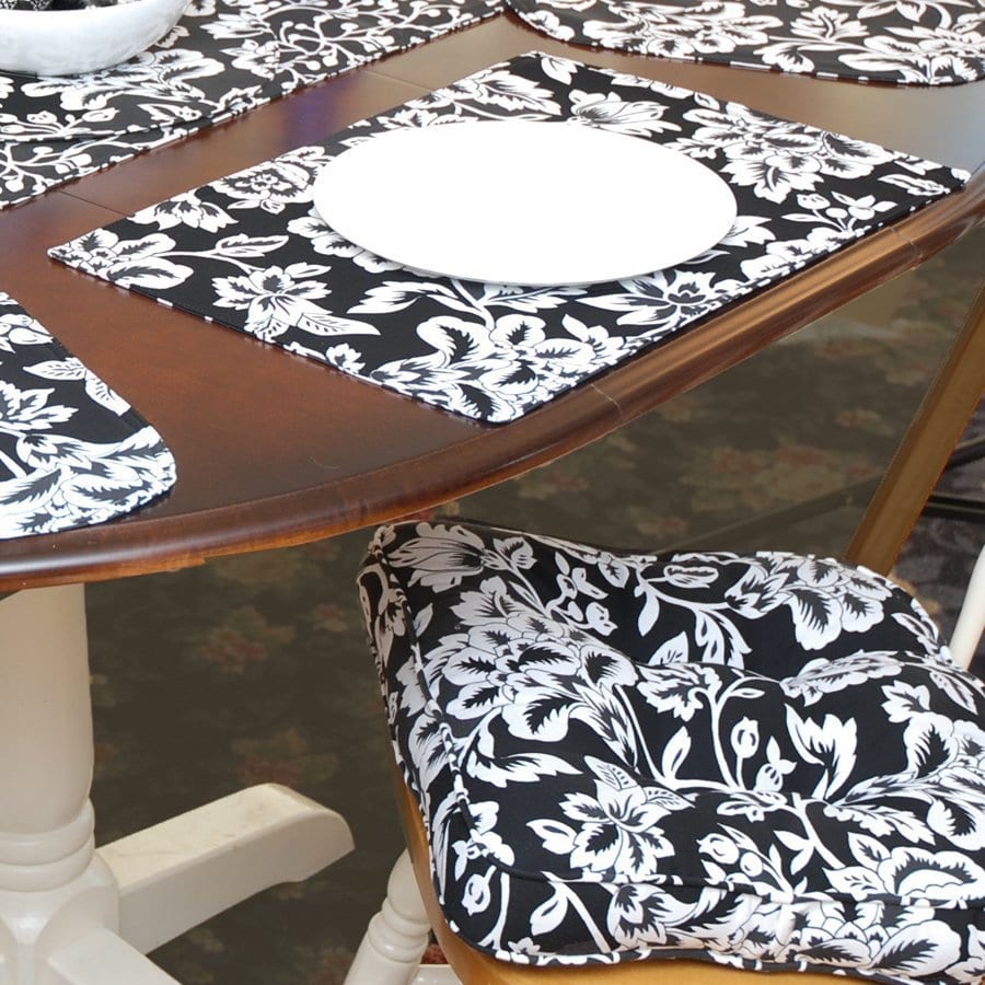 Sweet Pea Linens - Black Floral Print Gripper Bottom Chair Cushion Pads - Set of Two (SKU#: RS2-1016-P7) - Table Setting