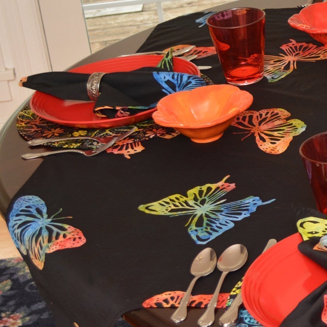 Sweet Pea Linens - Black Butterfly Batik 42 inch Square Table Cloth (SKU#: R-1008-Q26) - Table Setting