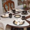 Sweet Pea Linens - Dark Brown & Tan Canvas Striped 70 Inch Table Runner (SKU#: R-1023-R7) - Table Setting