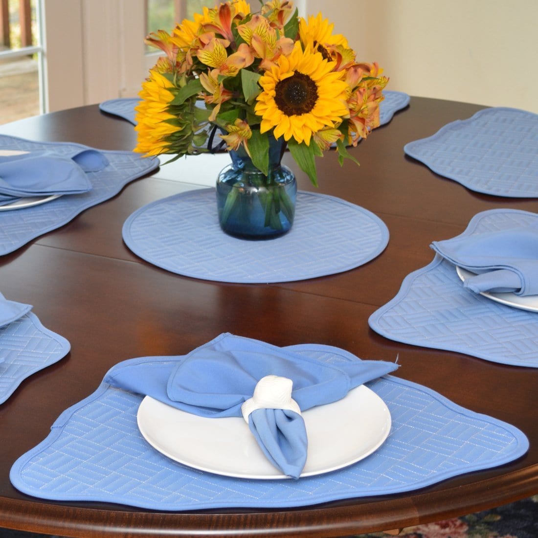 Sweet Pea Linens - Periwinkle Blue Quilted Scalloped Wedge-Shaped Placemats - Set of Two (SKU#: RS2-1005-T3) - Table Setting