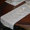 Sweet Pea Linens - Silver & Cream Metallic Striped 108 Inch Table Runner (SKU#: R-1022-U10) - Table Setting