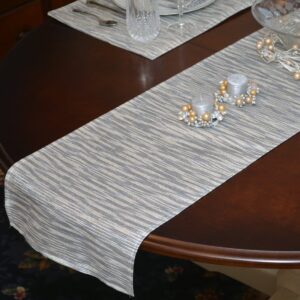 Sweet Pea Linens - Silver & Cream Metallic Striped 72 inch Table Runner (SKU#: R-1024-U10) - Table Setting