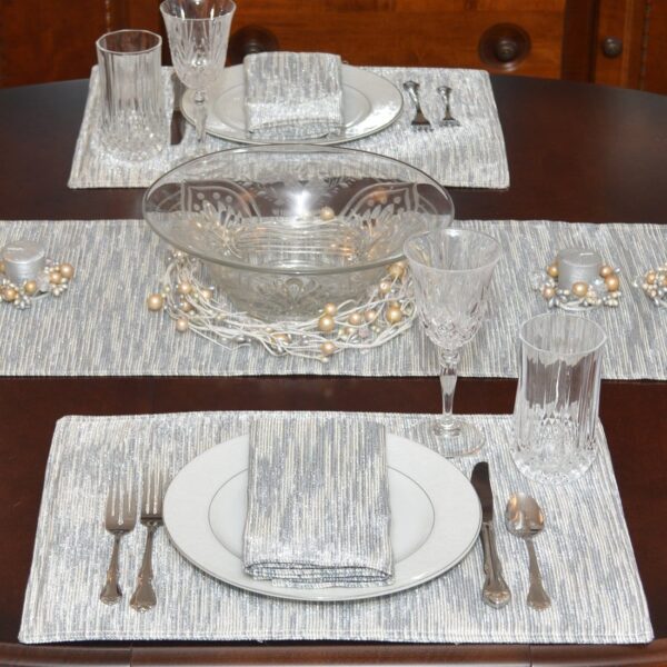 Sweet Pea Linens - Silver & Cream Metallic Striped Rectangle Placemats - Set of Two (SKU#: RS2-1002-U10) - Table Setting