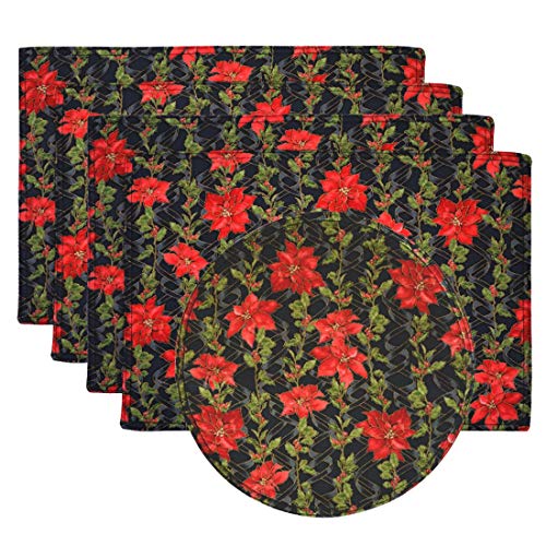 Sweet Pea Linens - Poinsettia Garland Holiday Print Rectangle Placemats - Set of Four plus Center Round-Charger (SKU#: RS5-1002-U14) - Main Product Image