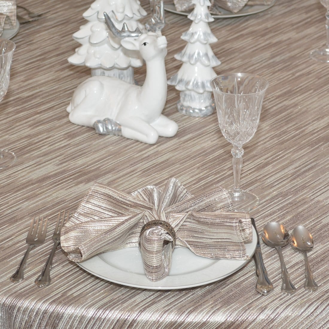 Sweet Pea Linens - Brown & Cream with Silver Metallic Striped 90 inch Round Table Cloth (SKU#: R-1009-U9) - Table Setting