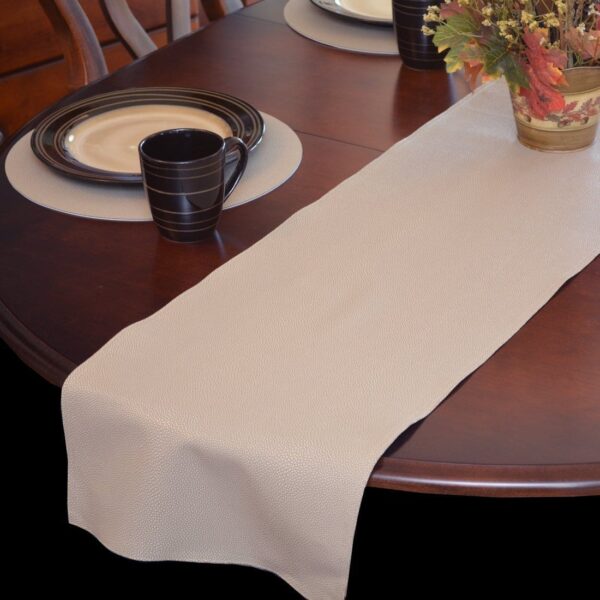 Sweet Pea Linens - Tan Dot Vinyl Wipe Clean 72 inch Table Runner (SKU#: R-1024-V3) - Table Setting