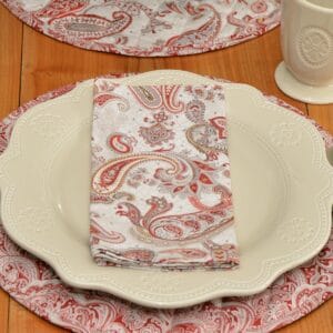 Sweet Pea Linens - Beige & Brick Red Paisley Print Cloth Napkin (SKU#: R-1010-W40) - Table Setting