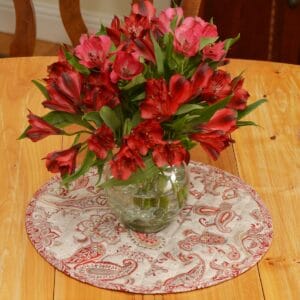 Sweet Pea Linens - Quilted Brick Red & Beige Paisley Print Charger-Center Round Placemat (SKU#: R-1015-W4) - Table Setting