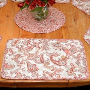 Sweet Pea Linens - Quilted Brick Red & Beige Paisley Print Rectangle Placemats - Set of Four plus Center Round-Charger (SKU#: RS5-1001-W4) - Table Setting