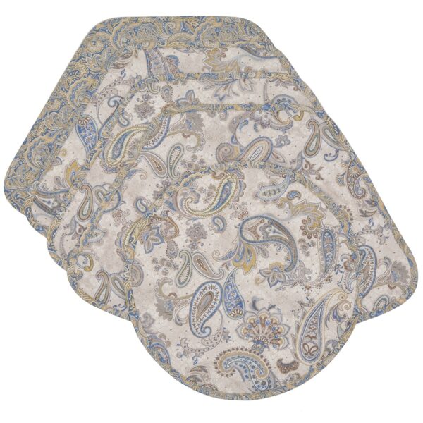 Sweet Pea Linens - Quilted Blue & Beige Paisley Print Wedge-Shaped Placemats - Set of Four plus Center Round-Charger (SKU#: RS5-1006-W5) - Main Product Image