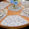Sweet Pea Linens - Quilted Blue & Beige Paisley Print Wedge-Shaped Placemats - Set of Four plus Center Round-Charger (SKU#: RS5-1006-W5) - Table Setting