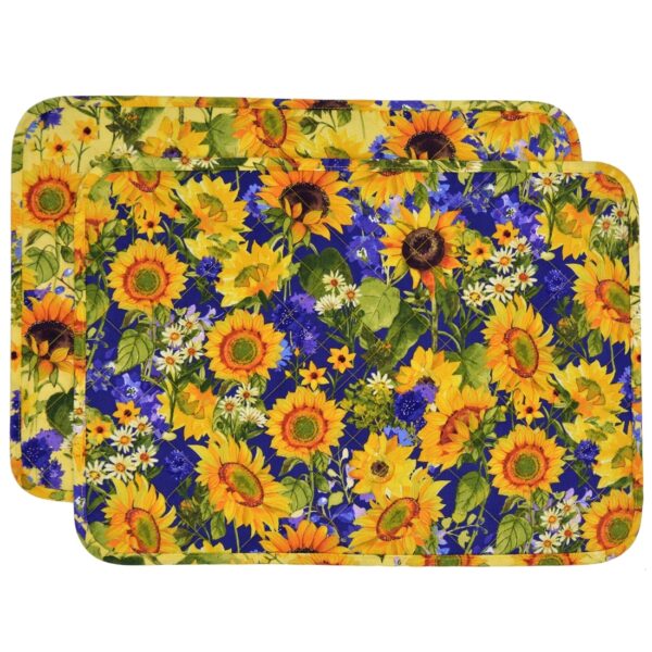 Sweet Pea Linens - Quilted Blue and Yellow Sunflower Print Rectangle Placemat (SKU#: R-1001-W6) - Main Product Image