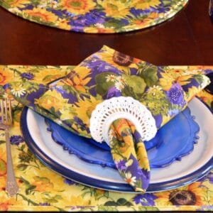Sweet Pea Linens - Blue & Yellow Sunflower Print Cloth Napkin (SKU#: R-1010-W6) - Table Setting