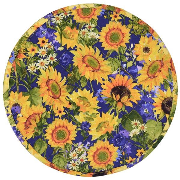 Sweet Pea Linens - Quilted Blue and Yellow Sunflower Print Charger-Center Round Placemat (SKU#: R-1015-W6) - Main Product Image
