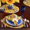 Sweet Pea Linens - Quilted Blue and Yellow Sunflower Print Charger-Center Round Placemat (SKU#: R-1015-W6) - Table Setting
