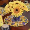 Sweet Pea Linens - Quilted Blue and Yellow Sunflower Print Charger-Center Round Placemat (SKU#: R-1015-W6) - Alternate Table Setting