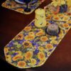 Sweet Pea Linens - Quilted Blue and Yellow Sunflower 60 inch Table Runner (SKU#: R-1021-W6) - Table Setting