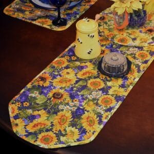 Sweet Pea Linens - Quilted Blue and Yellow Sunflower 60 inch Table Runner (SKU#: R-1021-W6) - Table Setting