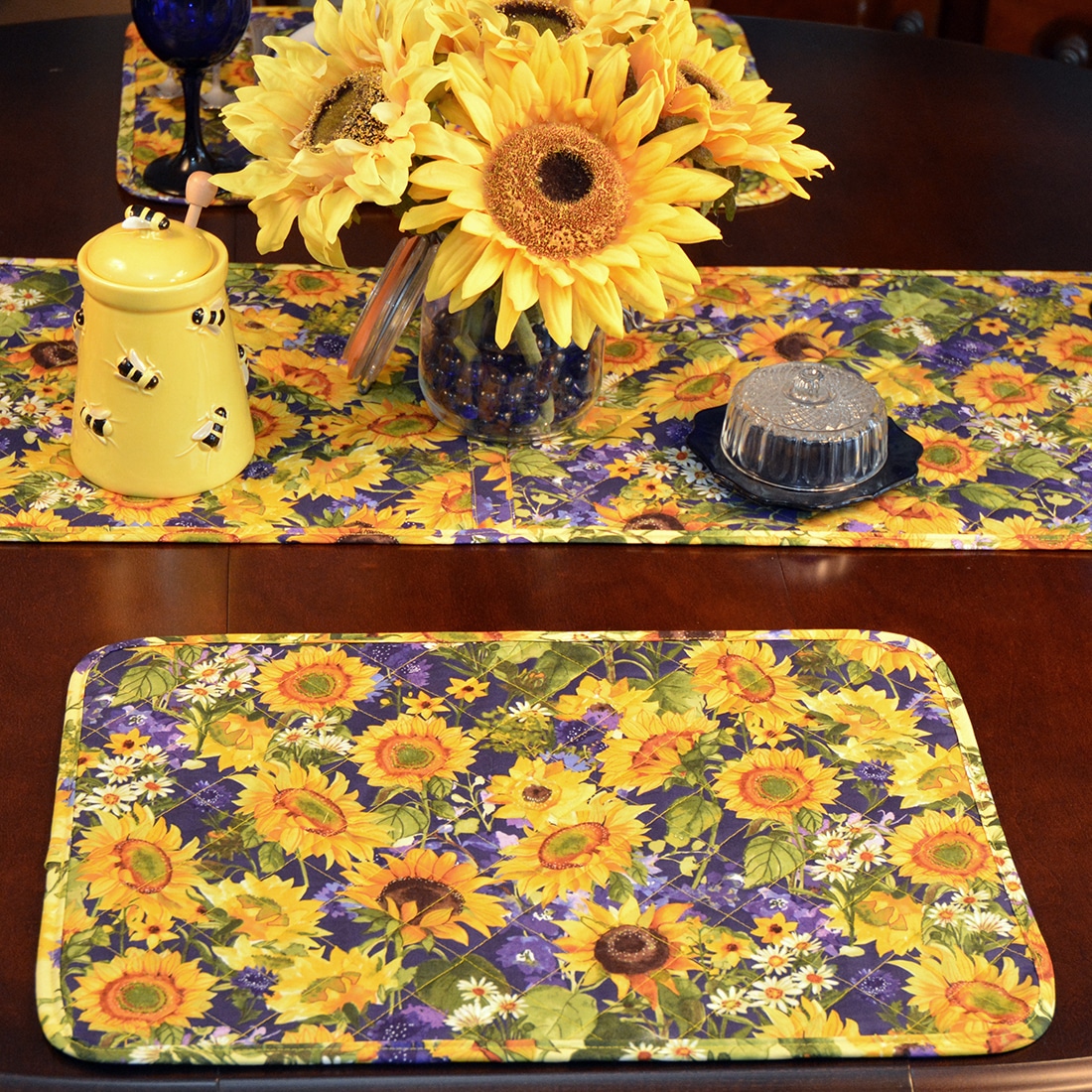 Sweet Pea Linens - Quilted Blue and Yellow Sunflower Print Rectangle Placemats - Set of Two (SKU#: RS2-1001-W6) - Table Setting