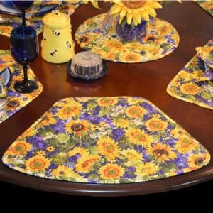 Sweet Pea Linens - Quilted Blue and Yellow Sunflower Print Wedge-Shaped Placemats - Set of Two (SKU#: RS2-1006-W6) - Table Setting