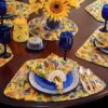 Sweet Pea Linens - Quilted Blue and Yellow Sunflower Print Wedge-Shaped Placemats - Set of Two (SKU#: RS2-1006-W6) - Alternate Table Setting