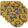 Sweet Pea Linens - Quilted Blue and Yellow Sunflower Print Rectangle Placemats - Set of Four plus Center Round-Charger (SKU#: RS5-1001-W6) - Main Product Image