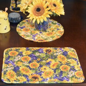 Sweet Pea Linens - Quilted Blue and Yellow Sunflower Print Rectangle Placemats - Set of Four plus Center Round-Charger (SKU#: RS5-1001-W6) - Table Setting