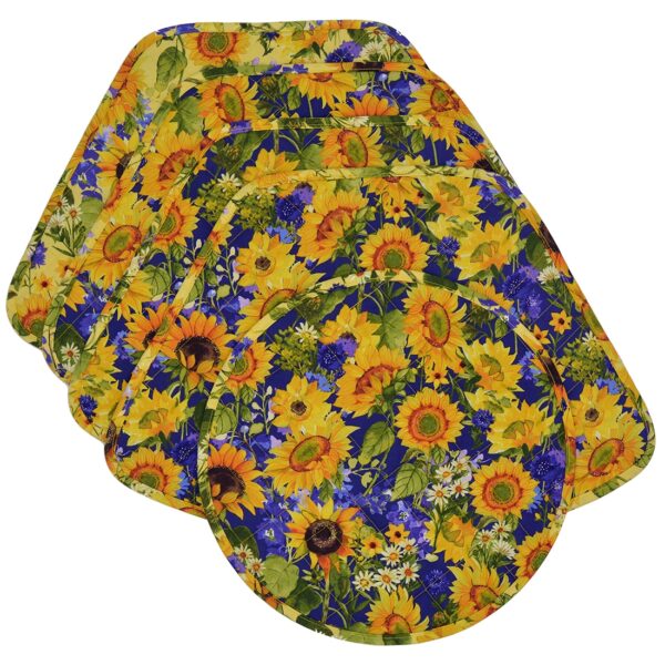 Sweet Pea Linens - Quilted Blue and Yellow Sunflower Print Wedge-Shaped Placemats - Set of Four plus Center Round-Charger (SKU#: RS5-1006-W6) - Main Product Image