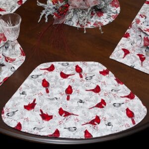 Sweet Pea Linens - Red Christmas Poinsettia & CardinalWedge-Shaped Placemats - Set of Four plus Center Round-Charger (SKU#: RS5-1006-X3) - Table Setting