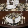 Sweet Pea Linens - Quilted Black, Silver & Gold Christmas Poinsettia Charger-Center Round Placemat (SKU#: R-1015-X4) - Table Setting