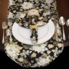 Sweet Pea Linens - Quilted Black, Silver & Gold Christmas Poinsettia 60 inch Table Runner (SKU#: R-1021-X4) - Alternate Table Setting