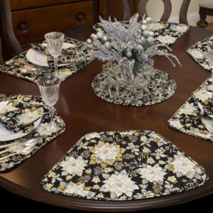 Sweet Pea Linens - Quilted Black, Silver & Gold Christmas Poinsettia Wedge-Shaped Placemats - Set of Two (SKU#: RS2-1006-X4) - Table Setting
