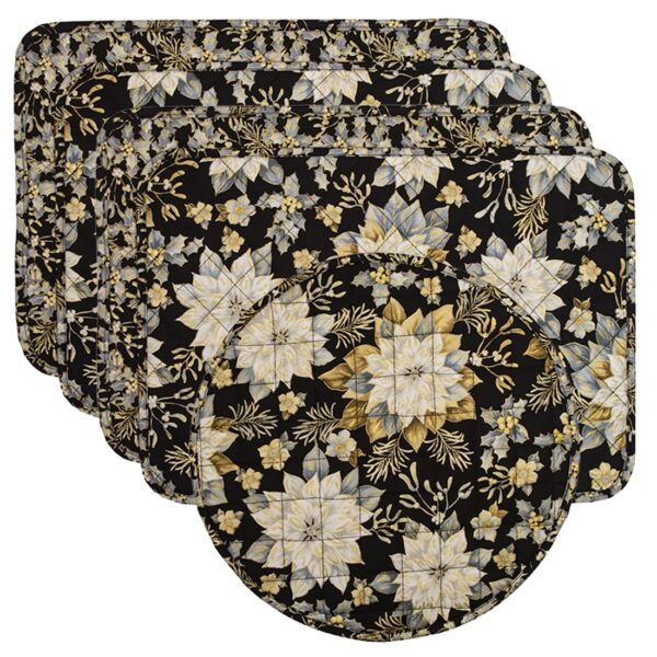 Sweet Pea Linens - Quilted Black, Silver & Gold Christmas Poinsettia Rectangle Placemats - Set of Four plus Center Round-Charger (SKU#: RS5-1002-X4) - Main Product Image