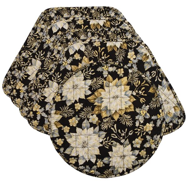 Sweet Pea Linens - Quilted Black, Silver & Gold Christmas Poinsettia Wedge-Shaped Placemats - Set of Four plus Center Round-Charger (SKU#: RS5-1006-X4) - Main Product Image