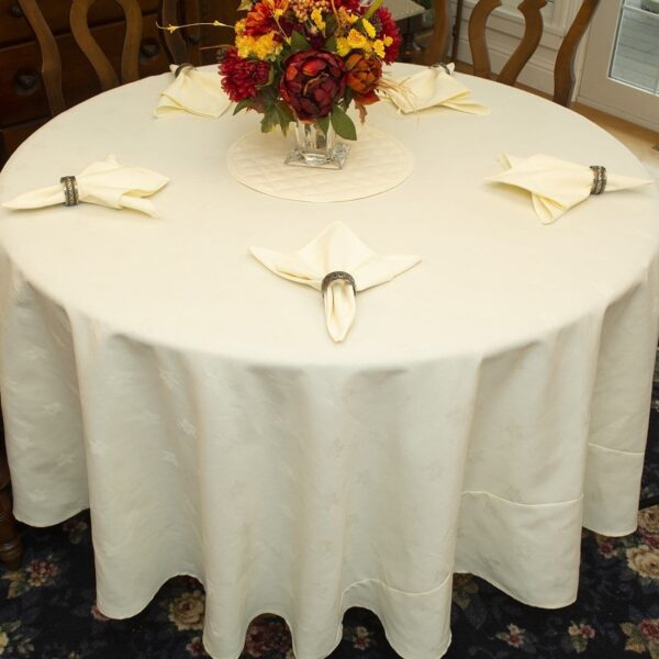 Sweet Pea Linens - Solid Ivory Jacquard 70 inch Round Table Cloth (SKU#: R-1064-Y2) - Table Setting